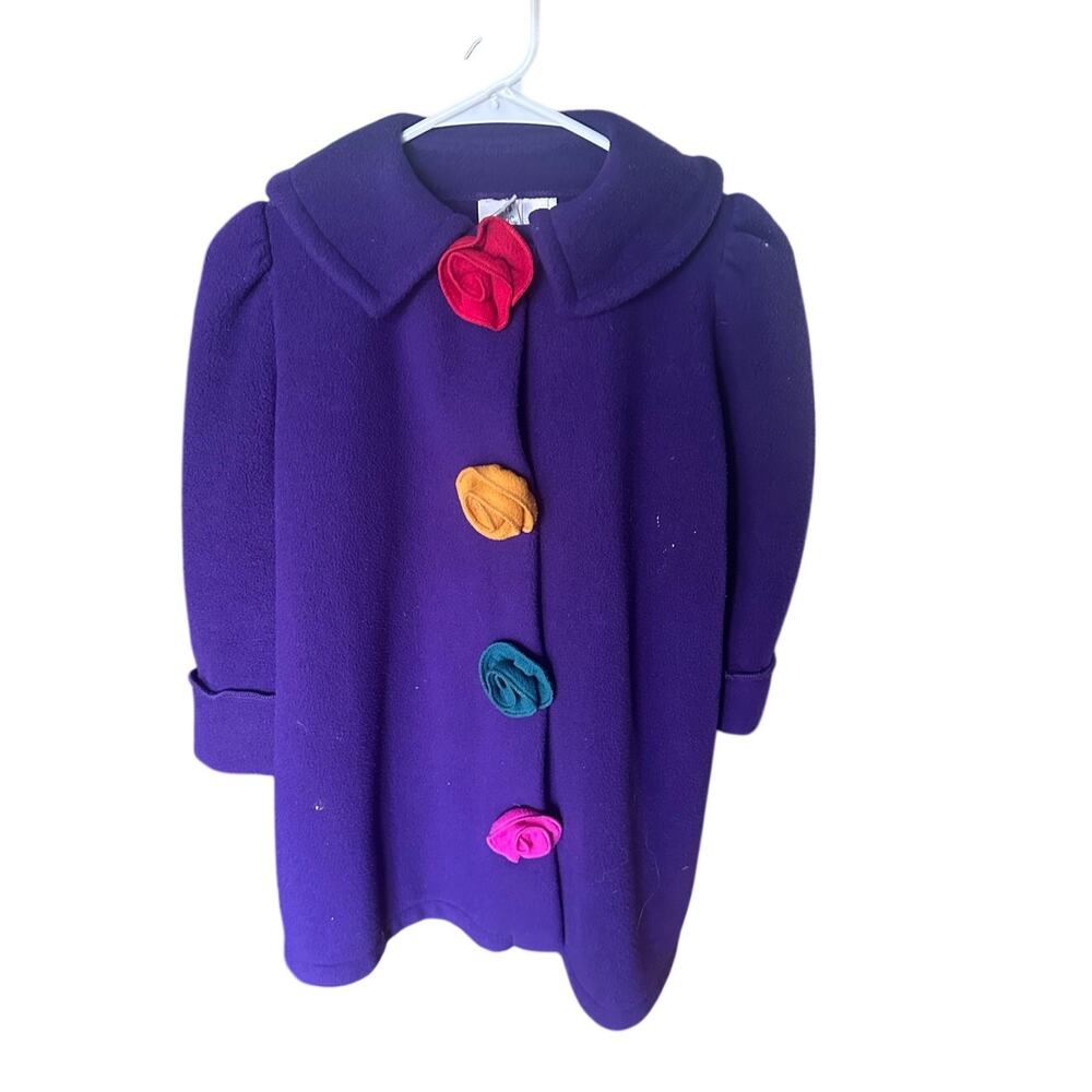Ali Mac Girls Purple Knee-Length Coat with Flower Buttons Size 6